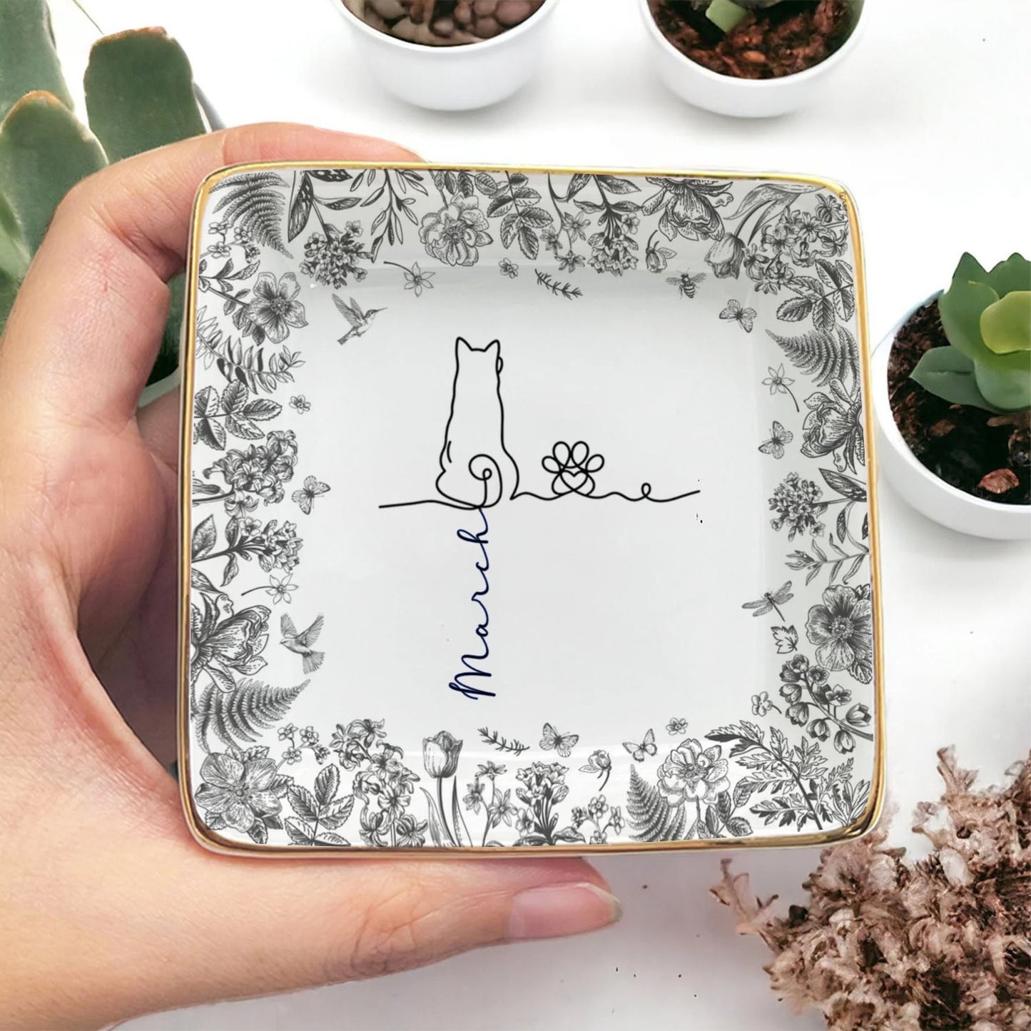 PSD04 Toile De Jouy French Dog Line - Personalized Custom Jewelry Dish
