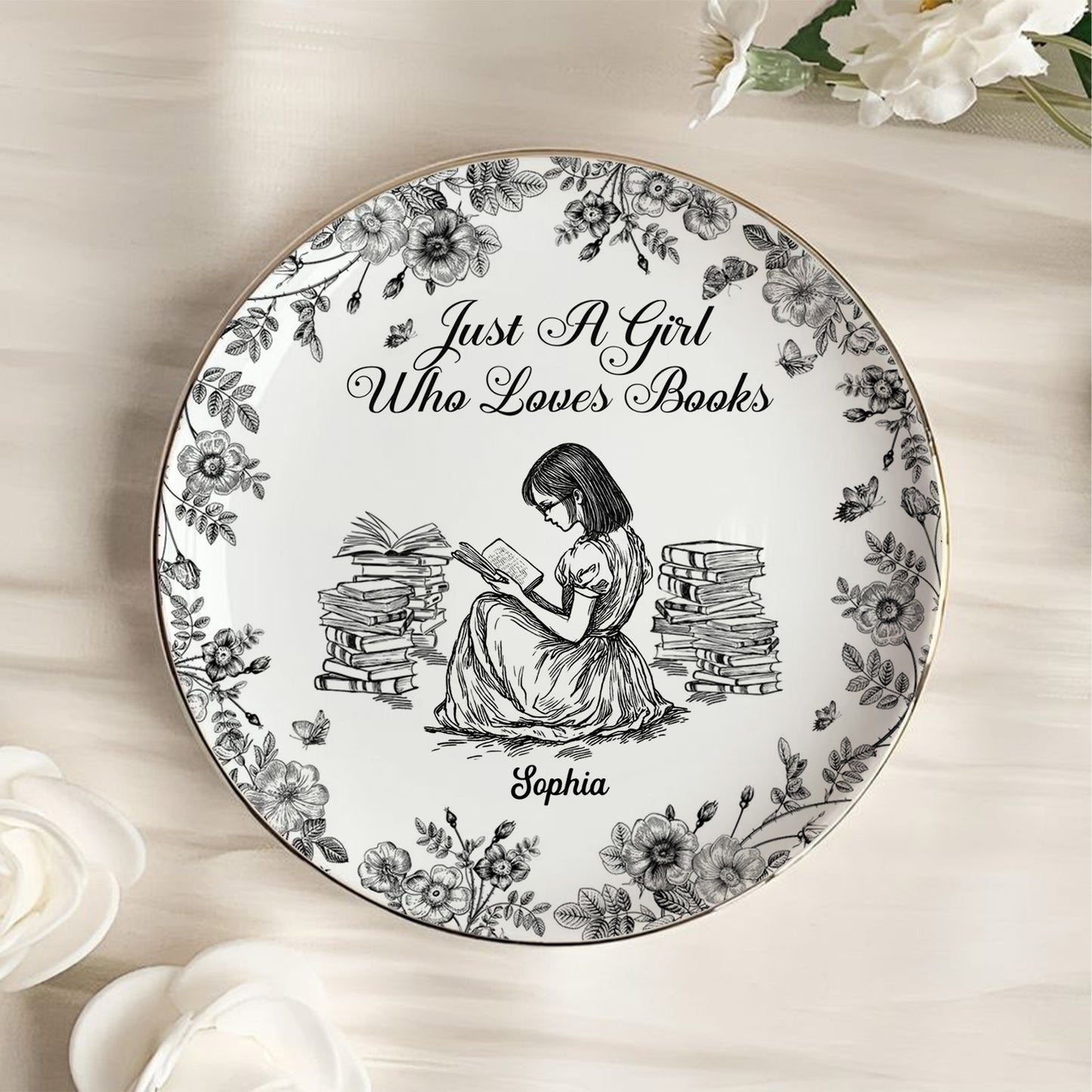 PSD02 Toile De Jouy Style Just A Girl Who Loves Books - Personalized Custom Jewelry Dish