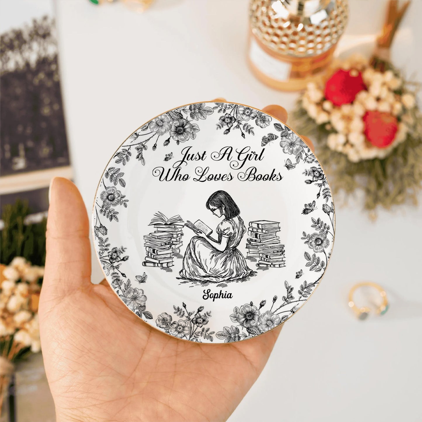 PSD02 Toile De Jouy Style Just A Girl Who Loves Books - Personalized Custom Jewelry Dish