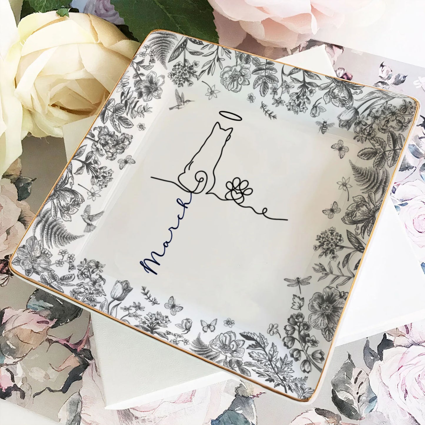 PSD04 Toile De Jouy French Dog Line - Personalized Custom Jewelry Dish