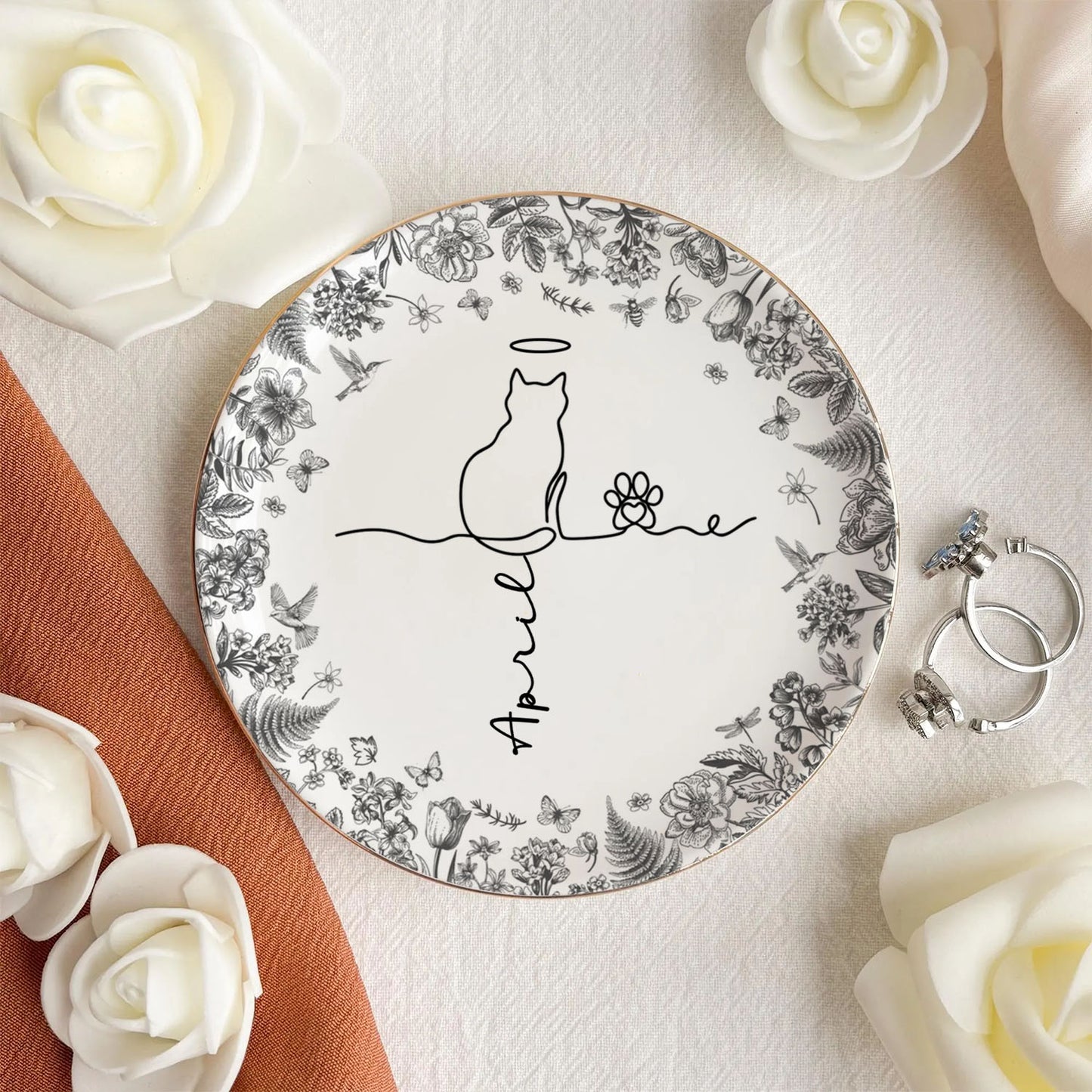 PSD05 Toile De Jouy French Cat Line - Personalized Custom Jewelry Dish