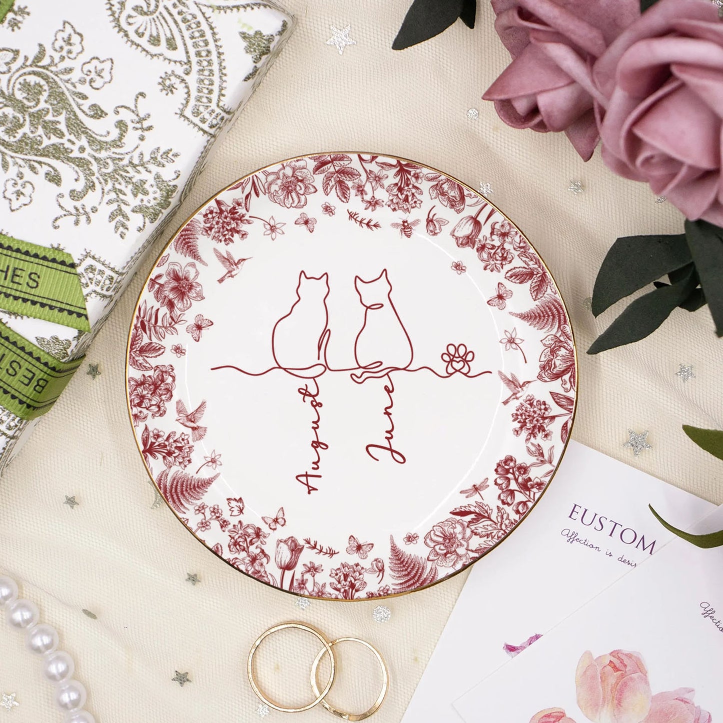 PSD05 Toile De Jouy French Cat Line - Personalized Custom Jewelry Dish