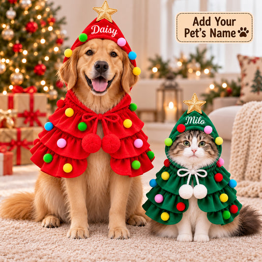 PST263 Christmas Tree Dog Costume with Name - Personalized Pet Cape