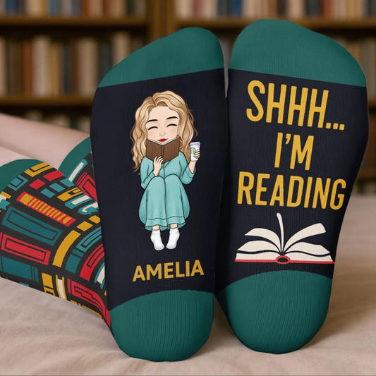 PSSO06 Shhh... I'm Reading Books Lover Bookworms-Personalized Custom Crew Socks