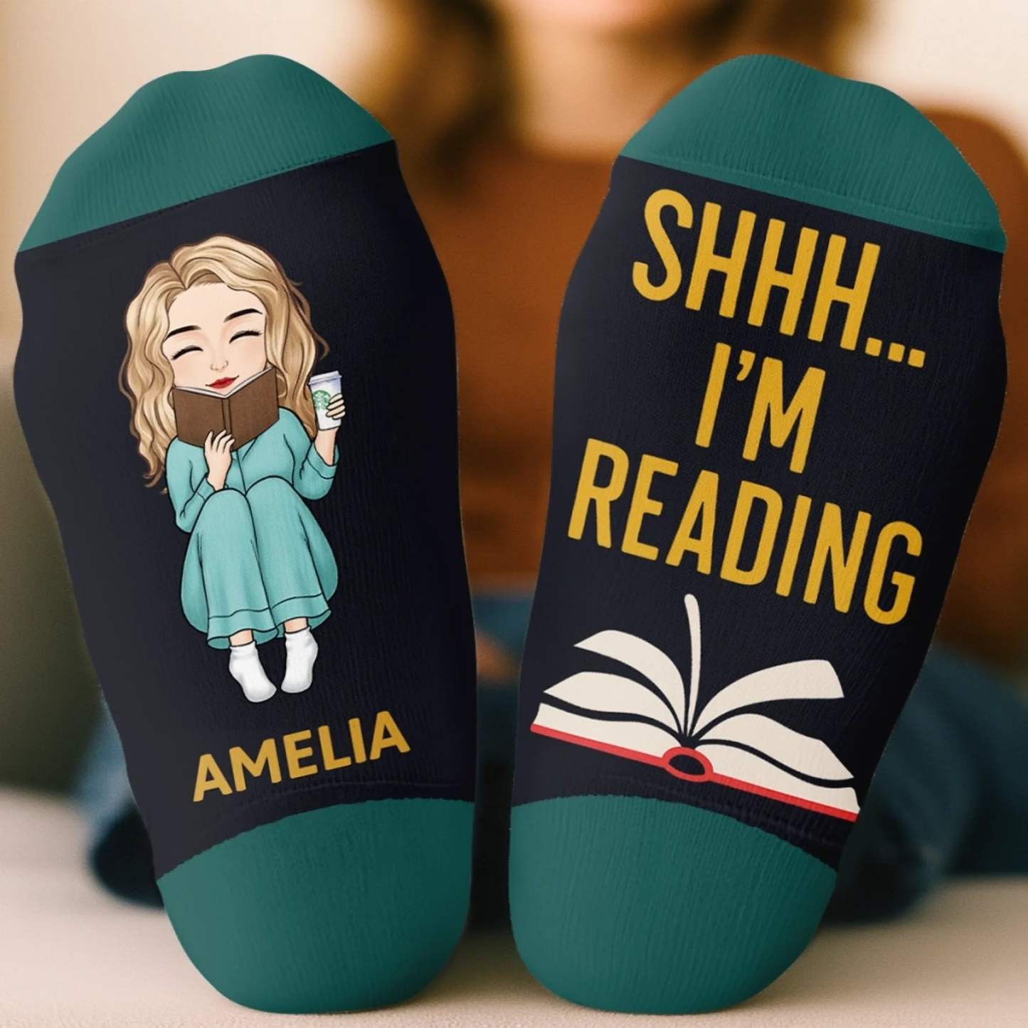 PSSO06 Shhh... I'm Reading Books Lover Bookworms-Personalized Custom Crew Socks