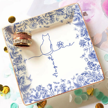 PSD05 Toile De Jouy French Cat Line - Personalized Custom Jewelry Dish
