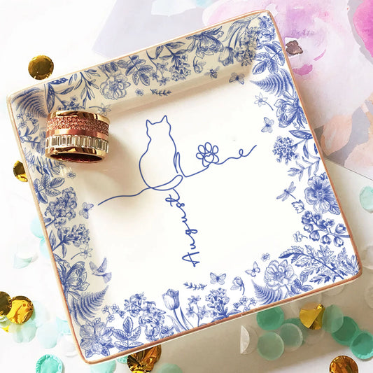 PSD05 Toile De Jouy French Cat Line - Personalized Custom Jewelry Dish
