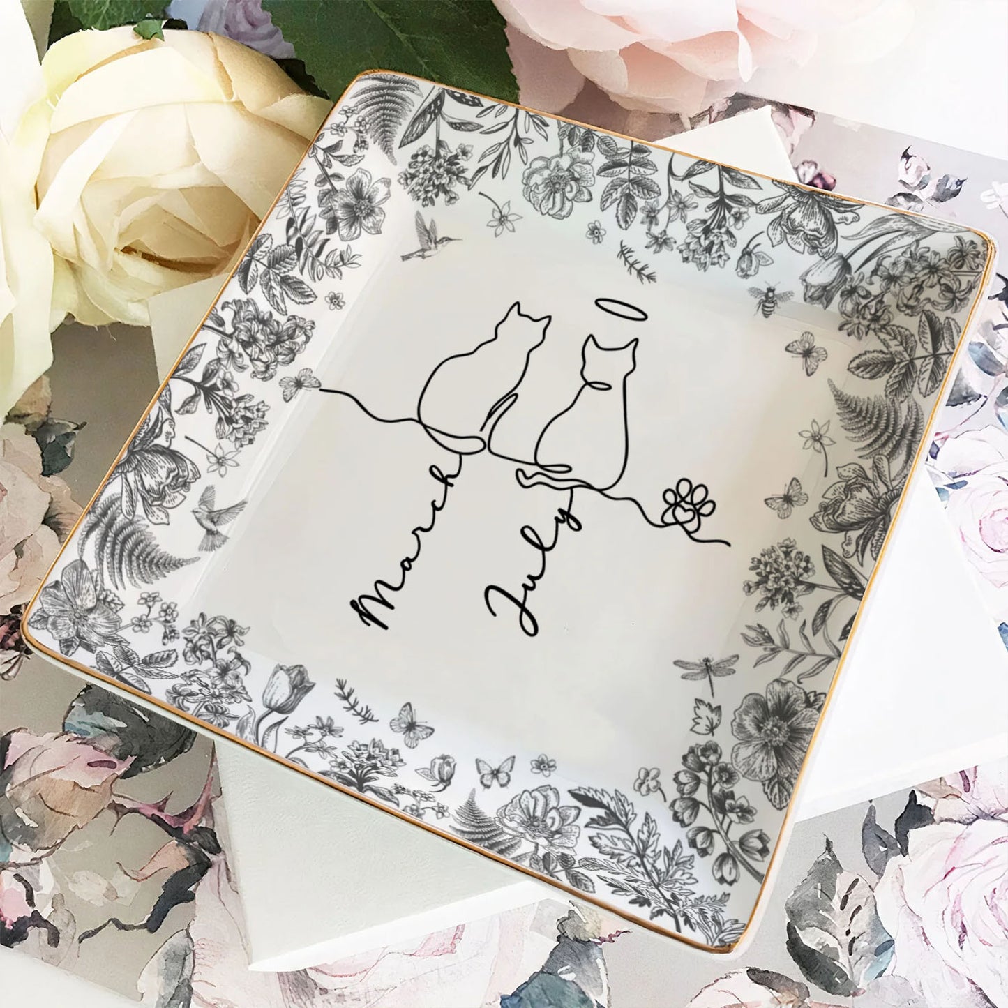 PSD05 Toile De Jouy French Cat Line - Personalized Custom Jewelry Dish