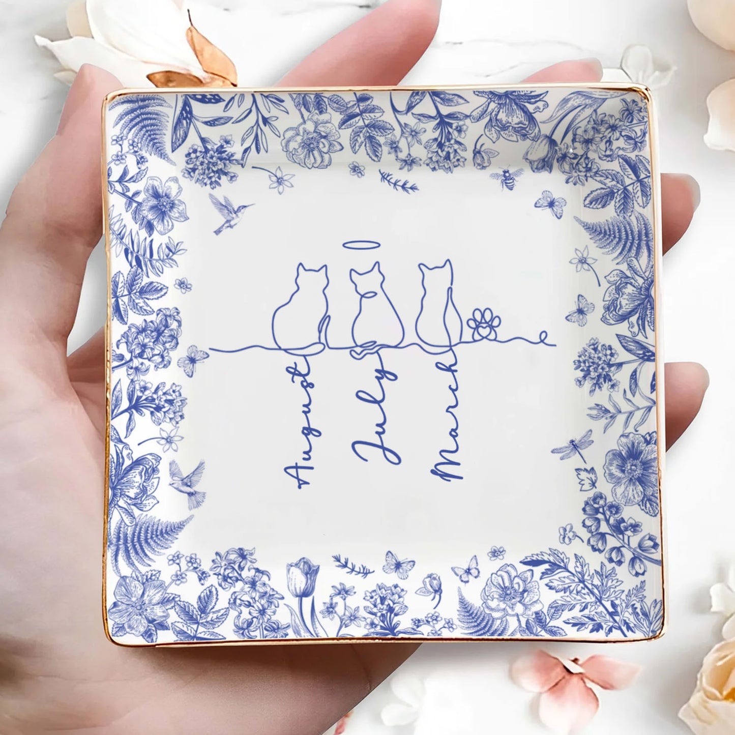 PSD05 Toile De Jouy French Cat Line - Personalized Custom Jewelry Dish