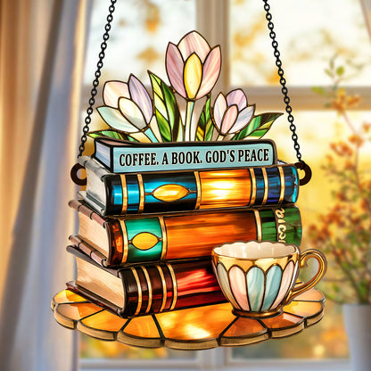 PSSW11 Coffee A Book God's Peace Window Hanging Suncatcher Ornament