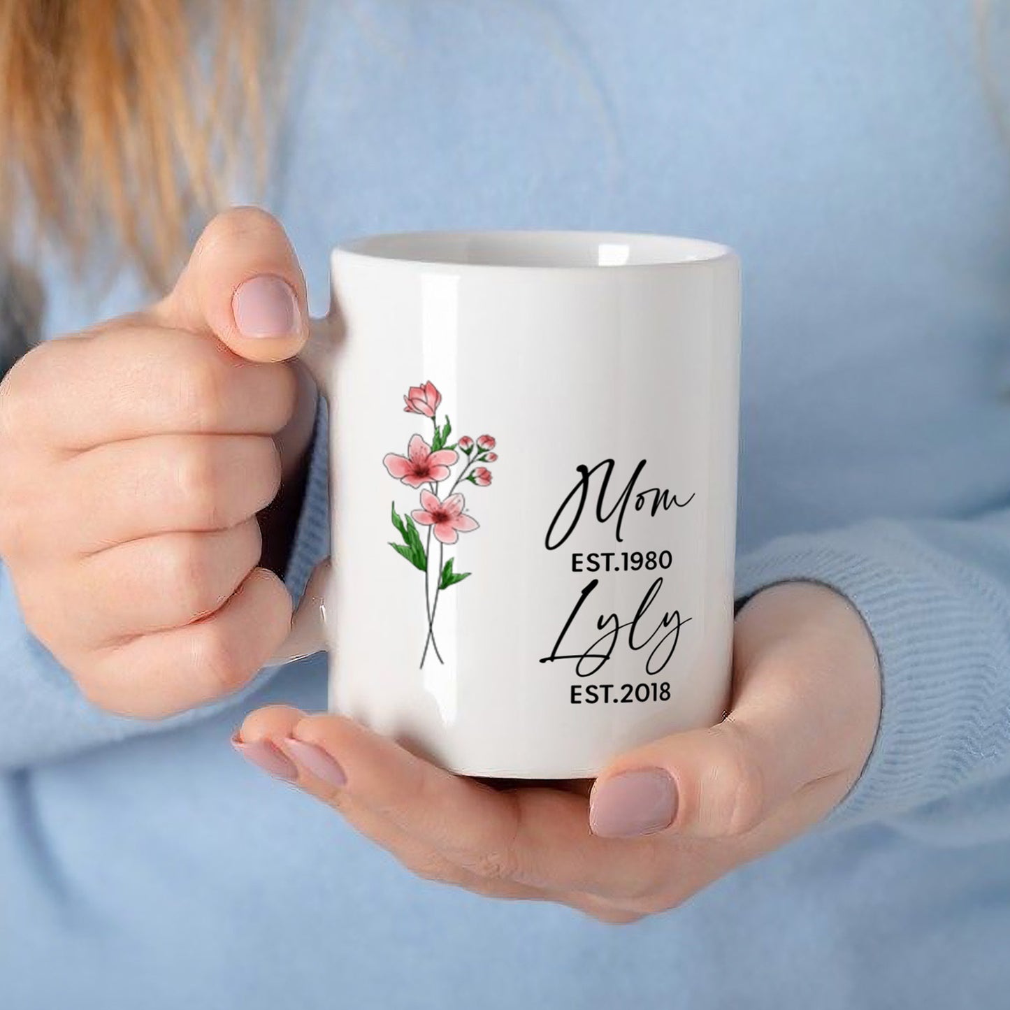 UPST04 Mom Grandma Est Watercolor Flower - Personalized White Mug Accent Mug